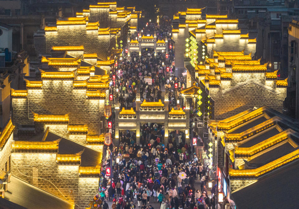 Aerial view of tourists during the Lantern Festival in Xiangyang in Hubei province of China, on Feb. 5, 2023.