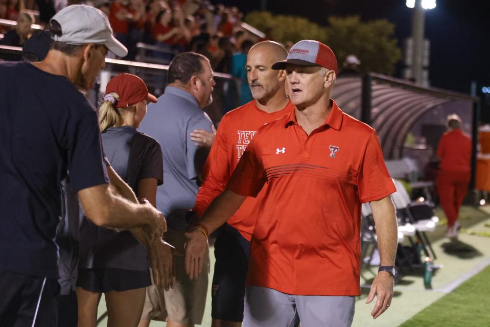 Texas Tech's women's soccer head coach Tom Stone shakes hands with Oklahoma after the teamÕs win, Thursday, Sept. 28, 2023, at John Walker Soccer Complex. Texas Tech won, 2-0.