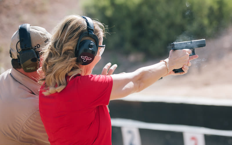 A handgun is used at a firing range in Arizona in 2018. Canada’s National Firearms Association says it strongly opposes a proposed ban on handguns in Canada because it is the “lawfully-owned property of Canadians.” Photo from Getty Images.