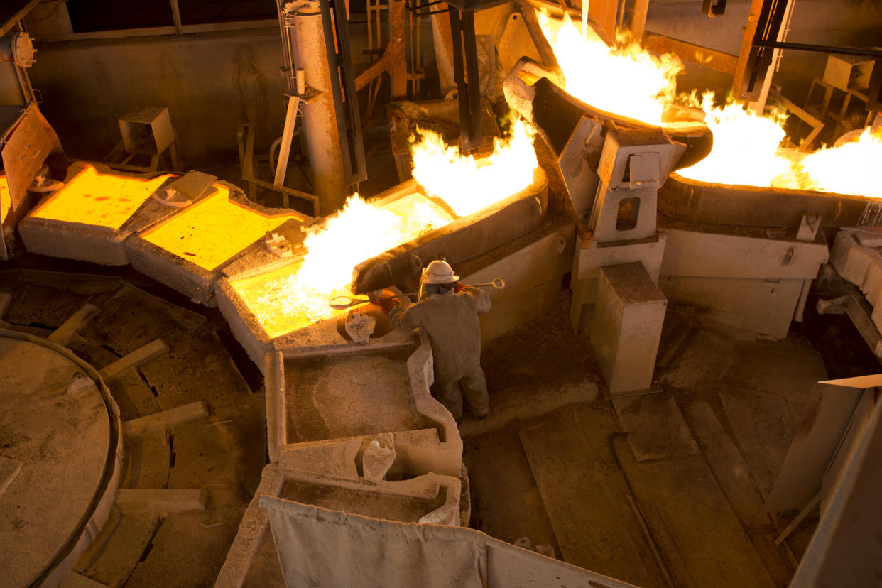 MUFULIRA, ZAMBIA- JULY 6: An employee works at the copper smelter at Mopani Mines on July 6, 2016 in Mufulira, Zambia. The copper is trucked to ports such as Dar es Salaam, Tanzania & Durban, South Africa. Glencore, an Anglo-Swiss multinational commodity trading and mining company, owns about 73 % of Mopani mines, which produces copper and some cobalt. The mine employs about 15,000 people. Many people in the area are dependent of the mines and its subcontractors for work. (Photo by Per-Anders Pettersson/Getty Images)