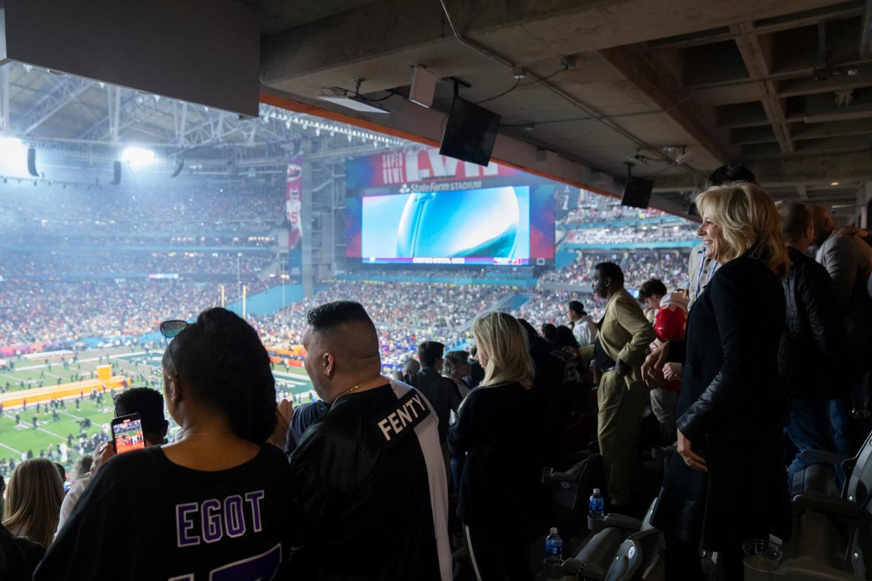 First Lady Jill Biden watches the Super Bowl with her grandson Hunter Biden on Sunday February 12, 2023, at the State Farm Stadium in Phoenix, AZ.