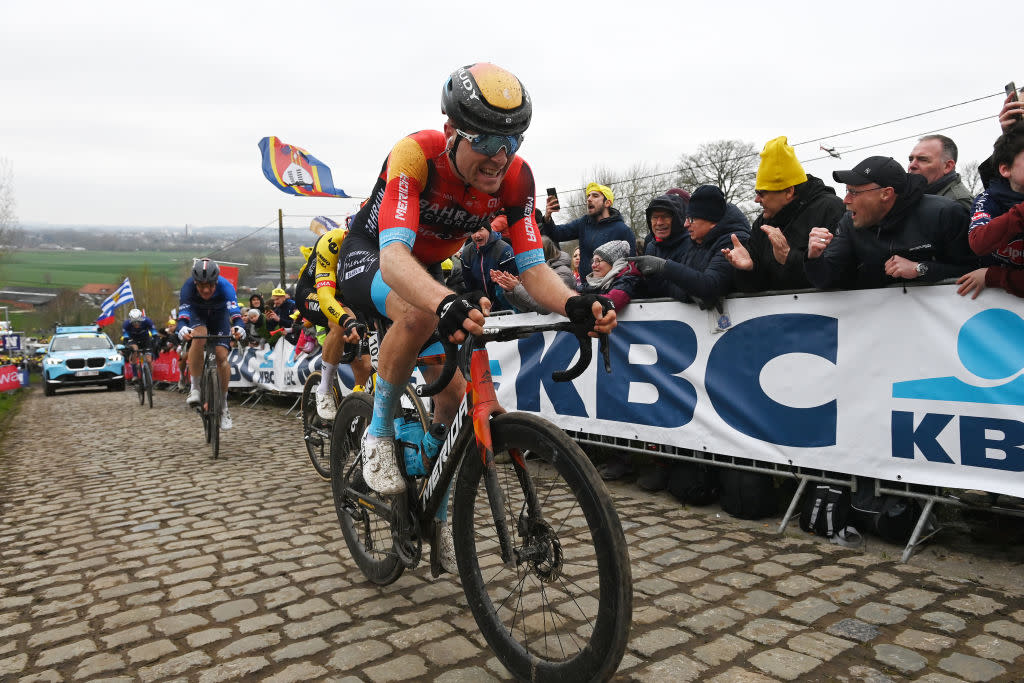  Fred Wright (Bahrain Victorious) battles over the cobbles in the finale of the Tour of Flanders 