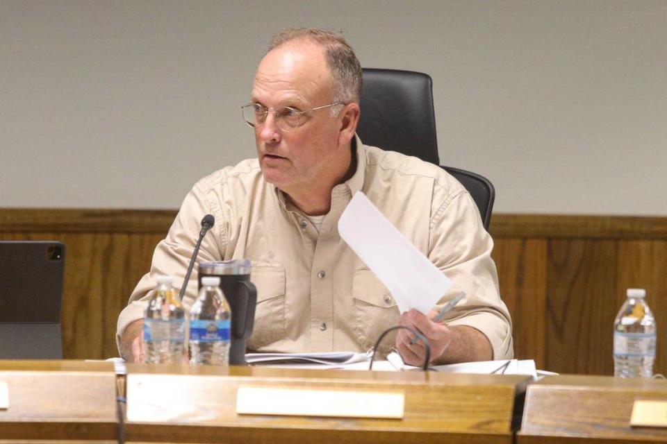 Paso Robles Joint Unified School District trustee Kenny Enney asks a question of staff.