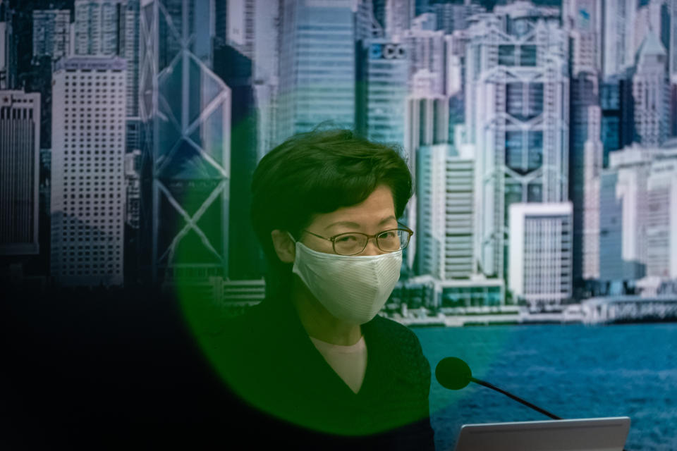 HONG KONG, CHINA - JULY 31: Hong Kong Chief Executive Carrie Lam speaks during a press conference at the Central Government Complex on July 31, 2020 in Hong Kong, China. Hong Kong announced that the Legislative Council elections will be postpooned for a year due to the surge of Covid-19 cases. (Photo by Anthony Kwan/Getty Images)