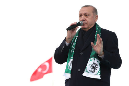 Turkish President Tayyip Erdogan addresses his supporters in Konya, Turkey, December 17, 2018. Cem Oksuz/Presidential Press Office/Handout via REUTERS