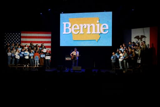 Justin Vernon, lead singer of indie folk band Bon Iver, performs at a rally for Bernie Sanders in Clive, Iowa, on January 31