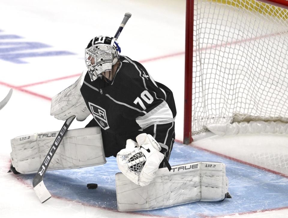 Los Angles Kings goalie Joonas Korpisalo gives up a goal to Edmonton Oilers' Connor McDavid during the first period in Game 6 of an NHL hockey Stanley Cup first-round playoff series in Los Angeles on Saturday, April 29, 2023. (Keith Birmingham/The Orange County Register via AP)