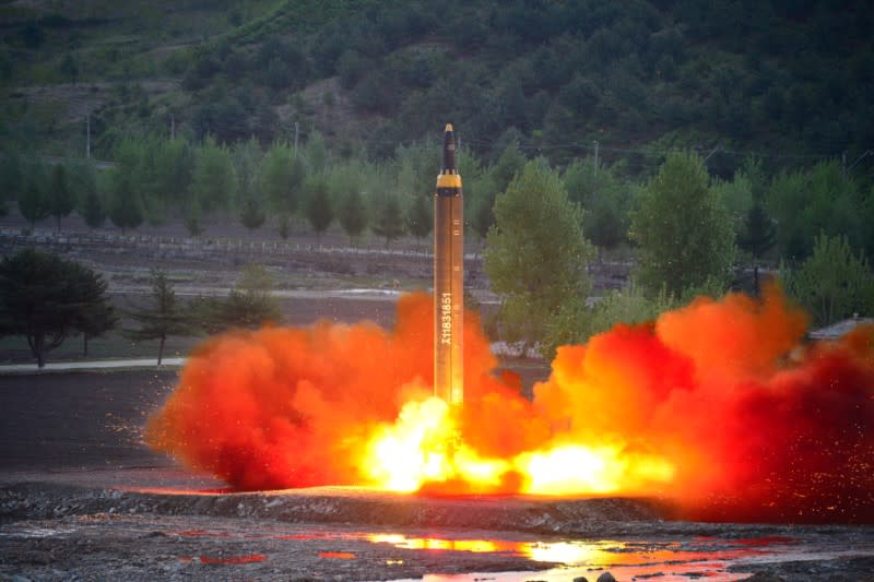 The long-range strategic ballistic rocket Hwasong-12 (Mars-12) is launched during a test in this undated photo released by North Korea's Korean Central News Agency (KCNA) on May 15, 2017. KCNA via REUTERS  