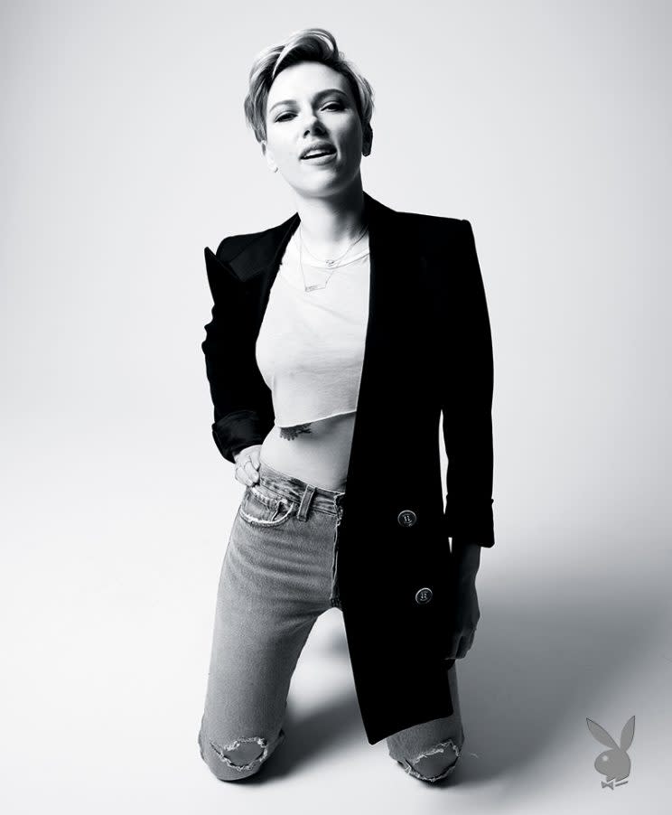 ScarJo strikes a pose. (Photo: Jake Chessum/Playboy)