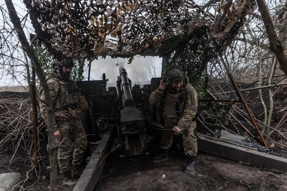 Ukrainian soldiers of Brigade 71 fire an artillery in the direction of Avdiivka, Donetsk Oblast, Ukraine on Feb. 18, 2024.