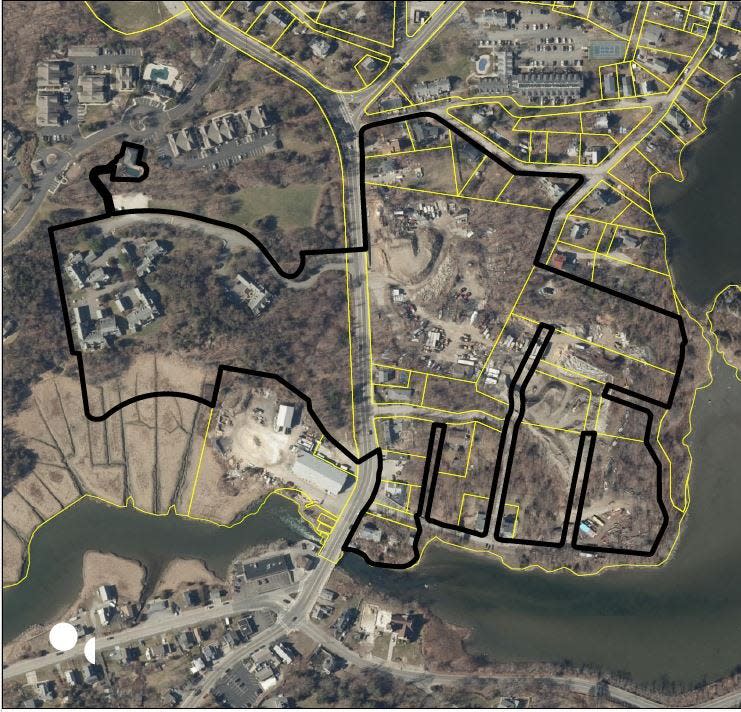 The first MBTA multifamily housing zoning overlay district proposed by Hull, outlined here in black, is on the east and west sides of Nantasket Avenue generally between Eastman Road and Elm Avenue