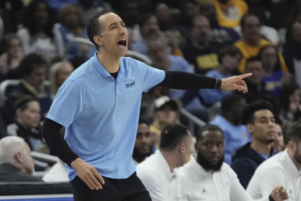 Marquette head coach Shaka Smart reacts during the first half of an NCAA college basketball game Saturday, March 4, 2023, in Milwaukee. (AP Photo/Morry Gash)