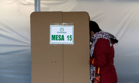 Woman votes in a seven-question referendum on anti-corruption measures in Bogota, Colombia August 26, 2018. REUTERS/Luisa Gonzalez