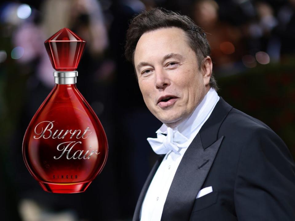 A composite image of a bottle of "Burnt Hair" and Elon Musk.