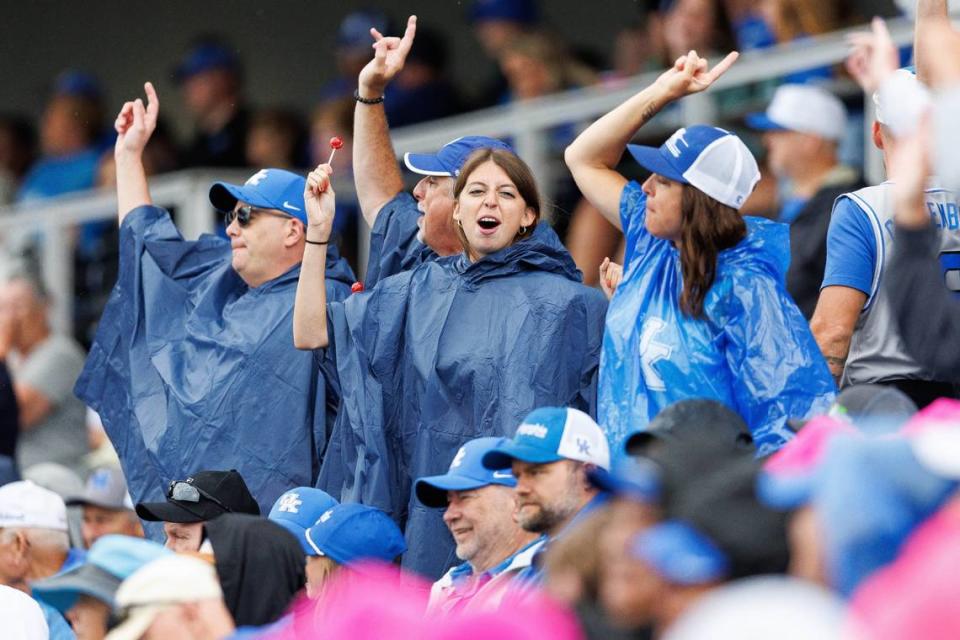 Kentucky baseball fans sing along with the music before the seventh inning against Illinois at Kentucky Proud Park last weekend.