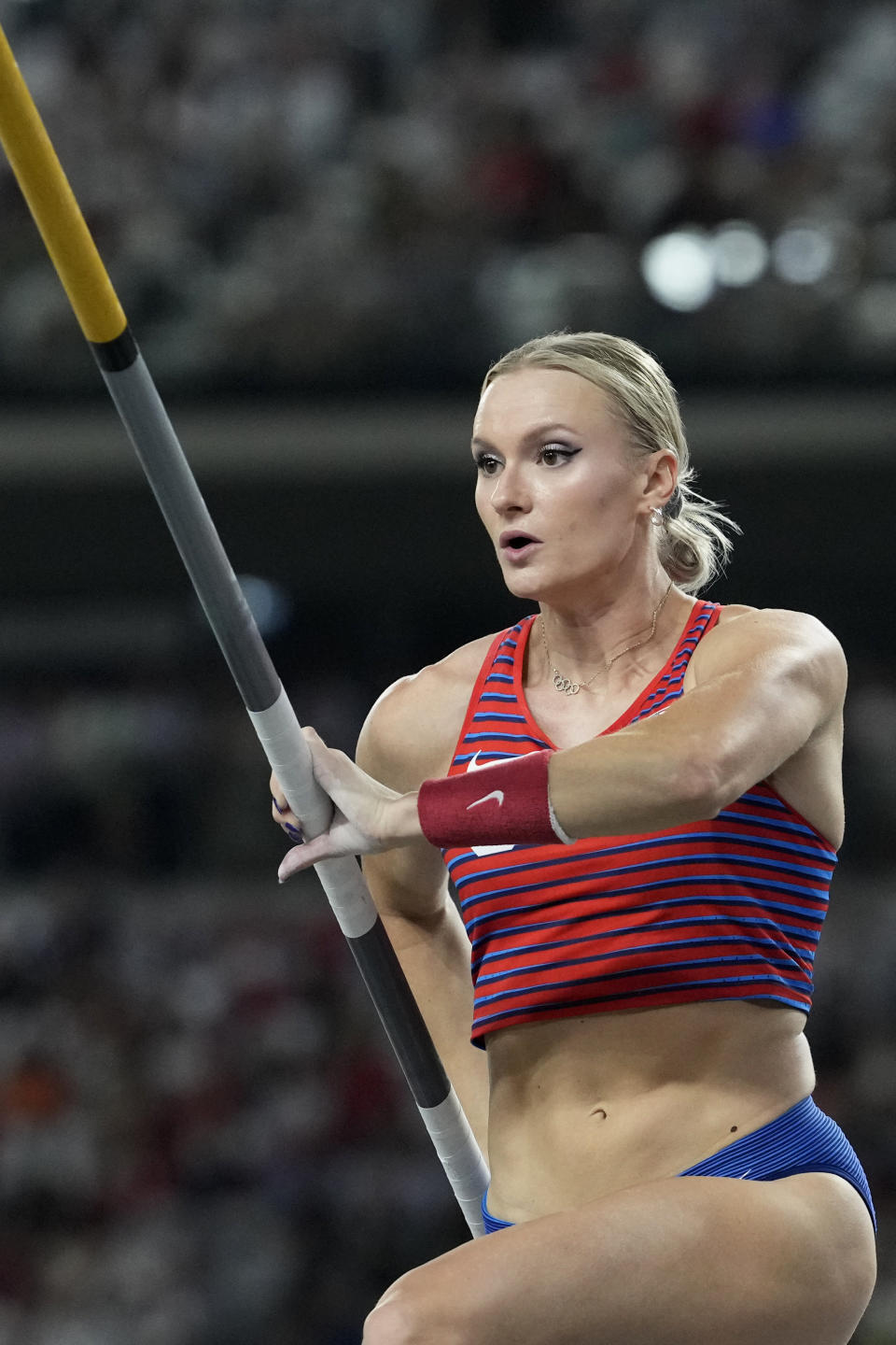 Katie Moon, of the United States, makes an attempt in the Women's pole vault final during the World Athletics Championships in Budapest, Hungary, Wednesday, Aug. 23, 2023. (AP Photo/Bernat Armangue)