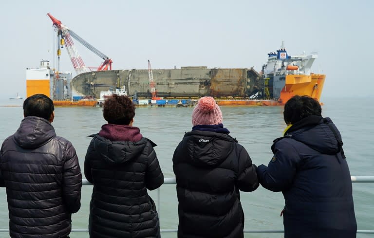 The 6,800-ton ship sank off the country's southwestern coast in one of its worst maritime accidents, claiming more than 300 lives, mostly high school students on an excursion. Credit: AFP PHOTO/South Korean Maritime Ministry