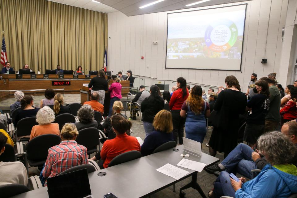 Citizens crowd the Iowa City City Council chambers during the April meeting Tuesday, April 16, 2024 at Iowa City City Hall in Iowa City, Iowa.