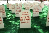 A mock graveyard for arms' victims was established by the 'Control Arms' campaign group close to the United Nations headquarters in New York. Control Arms aims to help draw attention to the issues of deaths by guns and other weapons while negotiations continue at the UN for a new Arms Trade Treaty