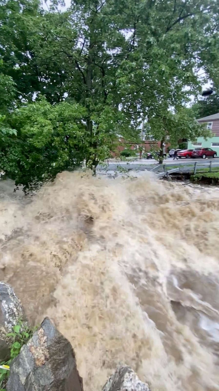 PHOTO: A view of rushing flood waters in Highland Falls, Orange County, U.S., July 9, 2023, in this screengrab obtained from social media video. (Instagram/@aichelbee via Reuters)