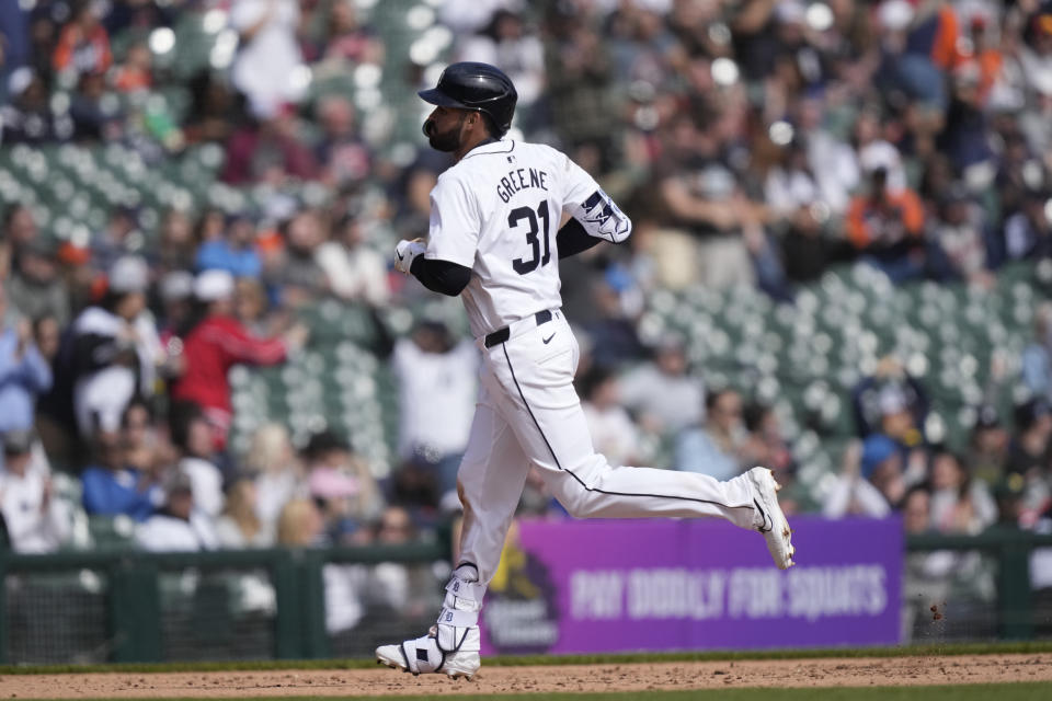 Detroit Tigers' Riley Greene rounds the bases after a solo home run during the eighth inning of a baseball game against the Oakland Athletics, Sunday, April 7, 2024, in Detroit. (AP Photo/Carlos Osorio)