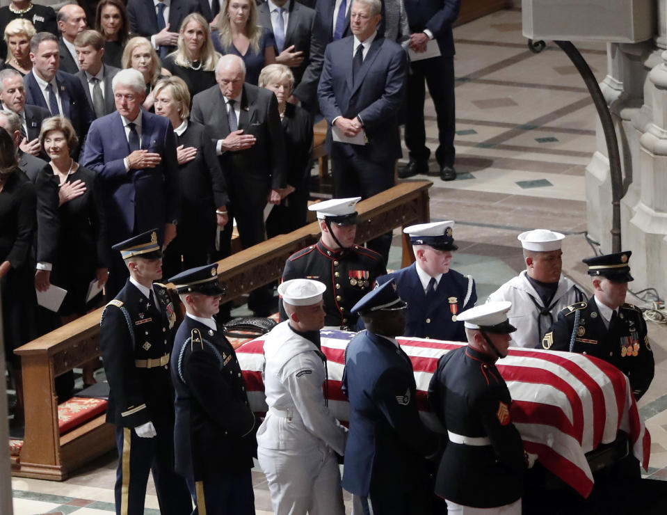 <span class="s1">At Washington National Cathedral, former presidents pay homage as John McCain takes his place in history. (Photo: Pablo Martinez Monsivais/AP)</span>