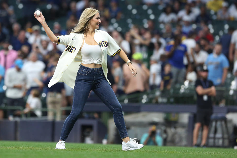 MILWAUKEE, WI - SEPTEMBER 16: Social Influencer Paige Spiranac throws out a first pitch during a game between the Milwaukee Brewers and the New York Yankees on September 16, 2022, at American Family Field in Milwaukee, WI. (Photo by Larry Radloff/Icon Sportswire via Getty Images)