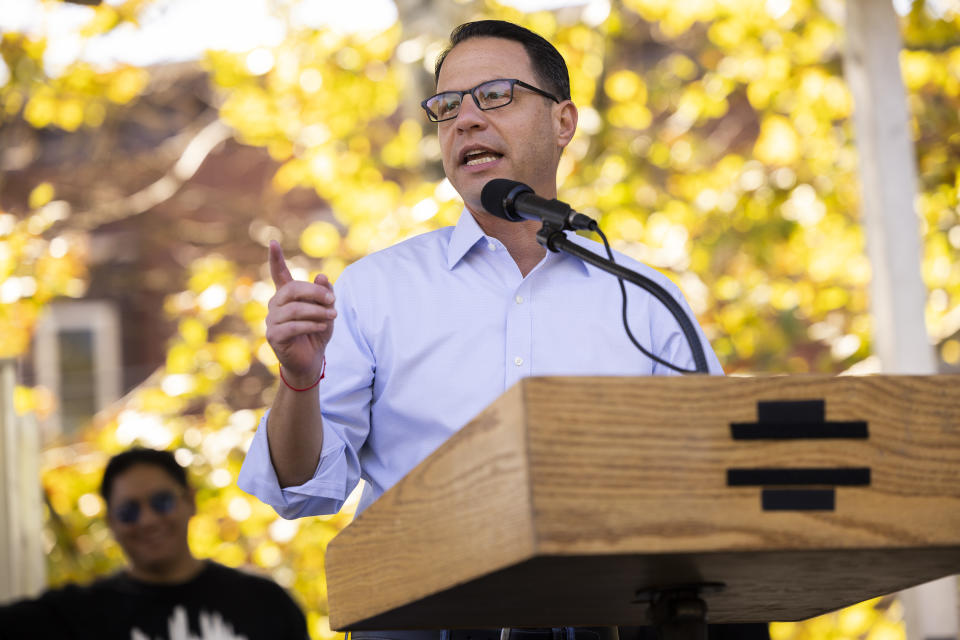 FILE - State Attorney General Josh Shapiro, Democratic nominee for governor, addresses attendees at an SEIU union event in Philadelphia, Saturday, Oct. 15, 2022. (AP Photo/Ryan Collerd, File)