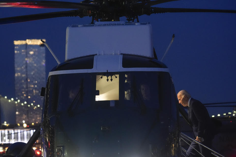 President Joe Biden boards Marine One at the Wall Street landing zone, Monday, Feb. 26, 2024, in New York. (AP Photo/Evan Vucci)