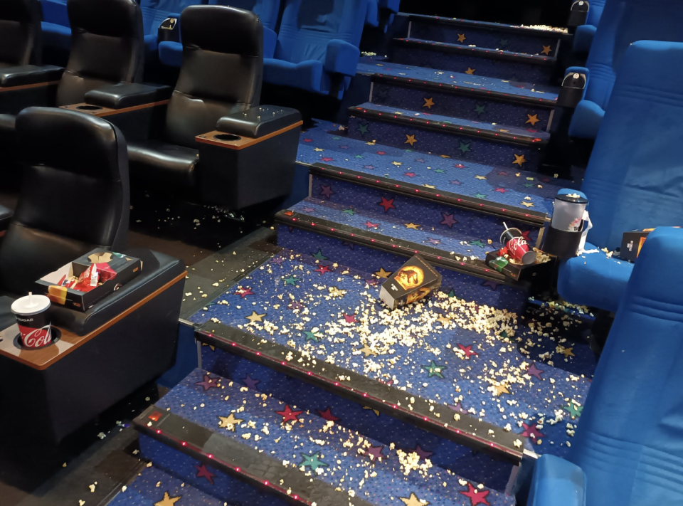 Pictured is the mess left behind at the cinema after the minions movie.