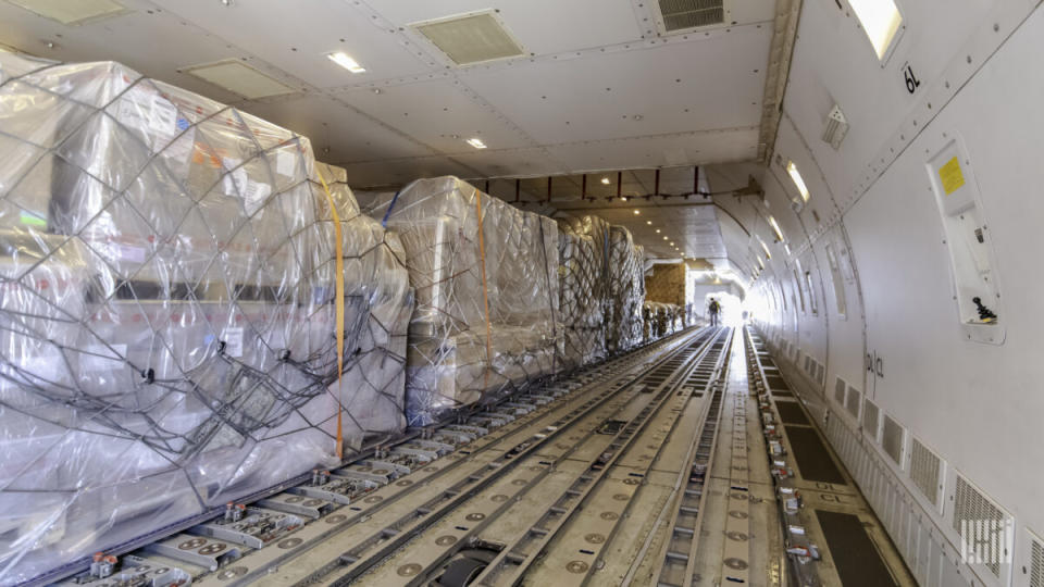 Pallets of freight are loaded in the main deck of a Boeing 747-400 freighter. (Photo: Jim Allen/FreightWaves)