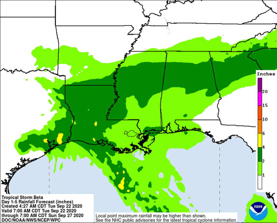 Tropical Depression Beta may bring several inches of rain to the spots in the Gulf hit hard by Hurricanes Laura and Sally.