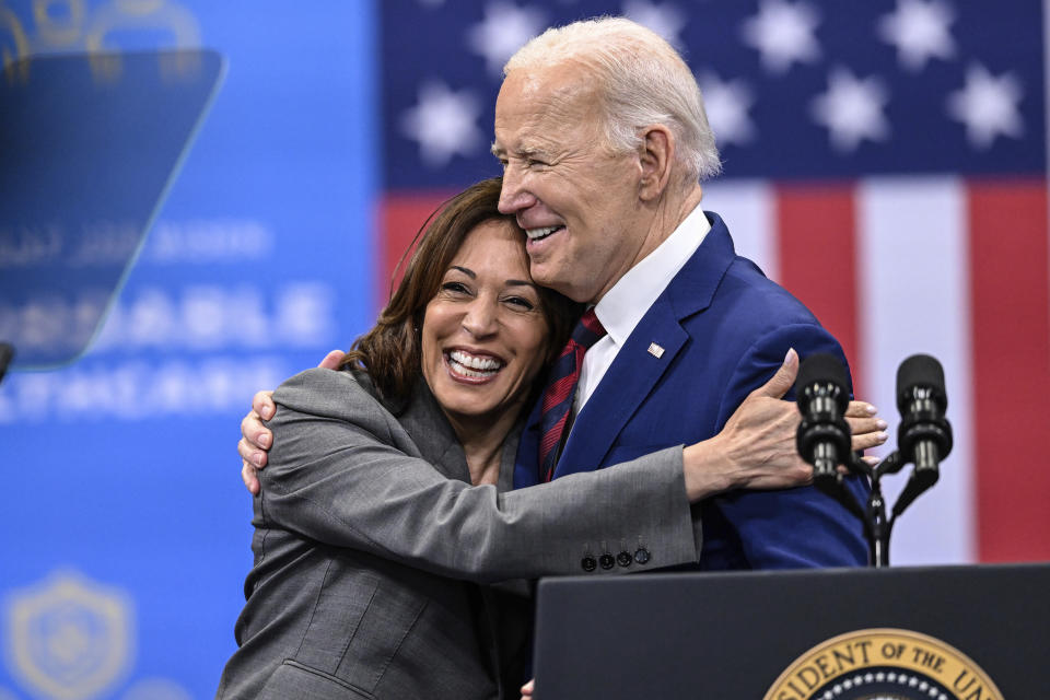 FILE - Vice President Kamala Harris embraces President Joe Biden after a speech on healthcare in Raleigh, N.C., March. 26, 2024. (AP Photo/Matt Kelley, File)