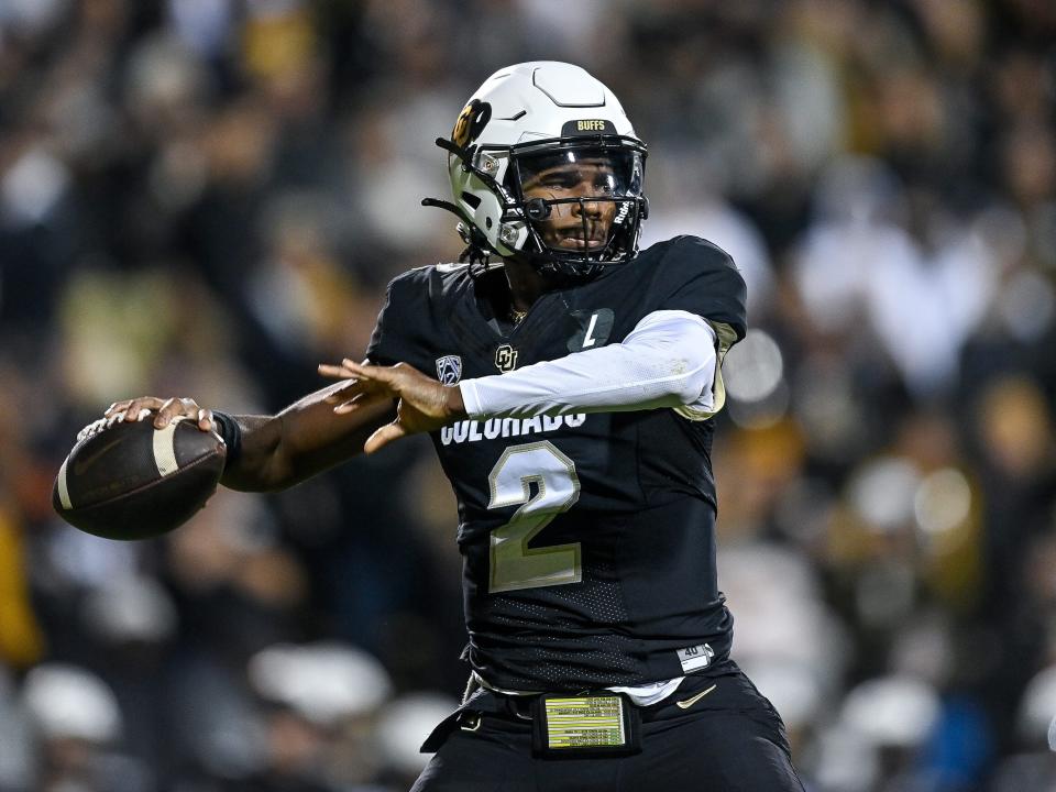 University of Colorado Boulder quarterback Shedeur Sanders prepares to pass in a 2023 game against Oregon State University.