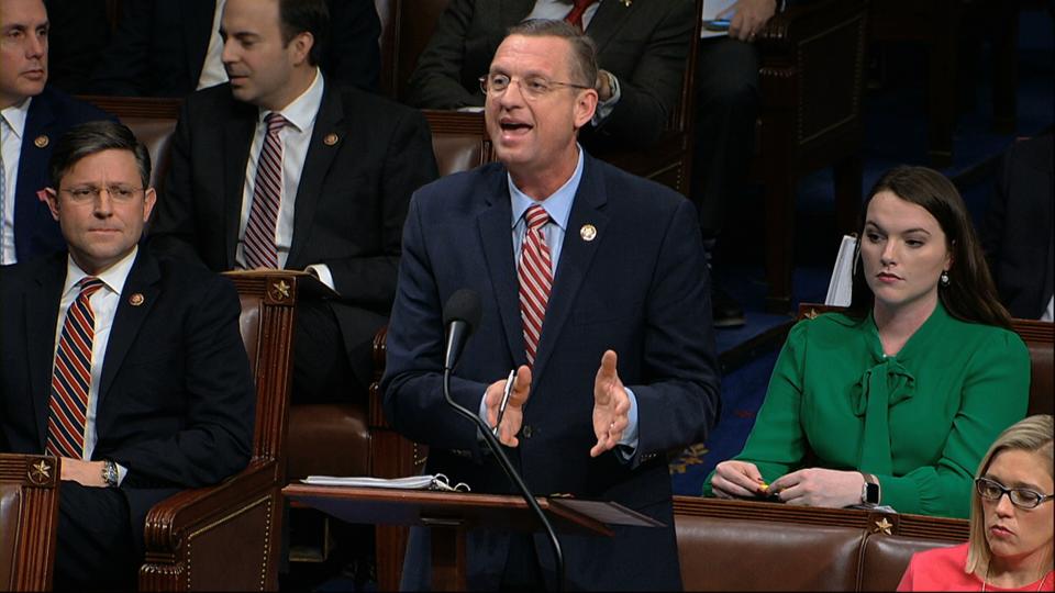 House Judiciary Committee ranking member Rep. Doug Collins, R-Ga., speaks as the House of Representatives debates the articles of impeachment against President Donald Trump at the Capitol in Washington, Wednesday, Dec. 18, 2019. (House Television via AP)