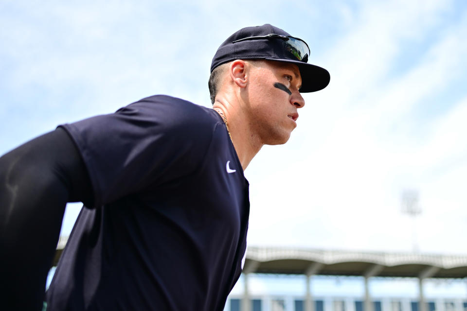 TAMPA, FLORIDA - MARCH 06: Aaron Judge #99 of the New York Yankees takes the field prior to a 2024 Grapefruit League Spring Training game against the Tampa Bay Rays at George M. Steinbrenner Field on March 06, 2024 in Tampa, Florida. (Photo by Julio Aguilar/Getty Images)