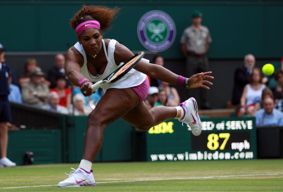 LONDON, ENGLAND - JUNE 30: Serena Williams of the USA returns a shot during her Ladies' Singles third round match against Jie Zheng of China on day six of the Wimbledon Lawn Tennis Championships at the All England Lawn Tennis and Croquet Club at Wimbledon on June 30, 2012 in London, England. (Photo by Clive Brunskill/Getty Images)