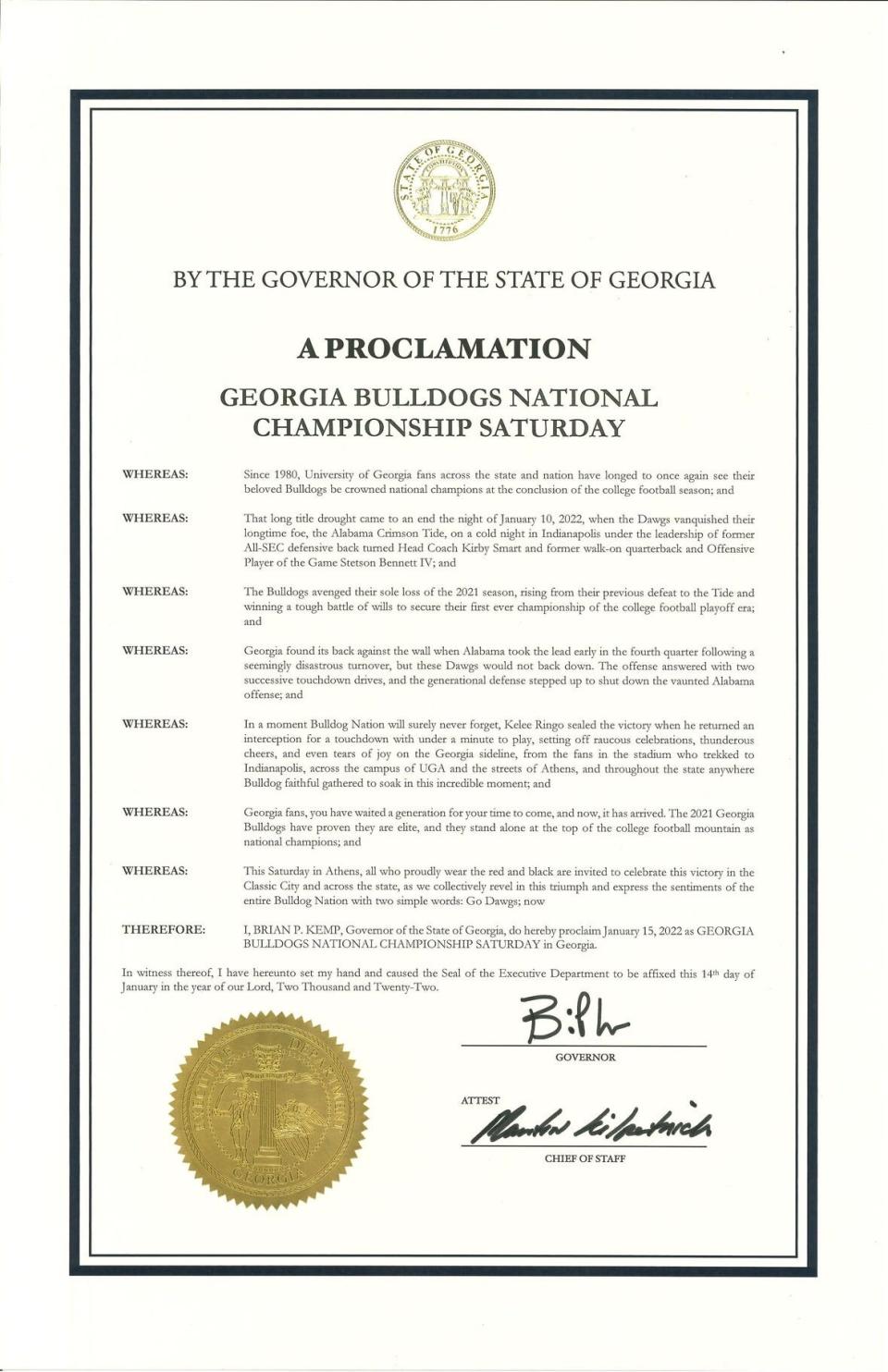 Gov. Brian Kemp declared Jan. 15, 2022, as 'Georgia Bulldogs National Championship Saturday.'