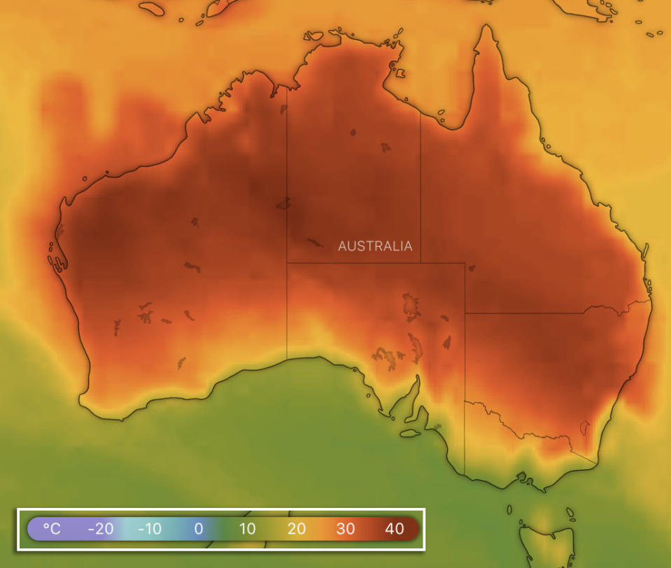 A map showing high temperatures across Australia forecast for 5pm on Tuesday. Source: Windy