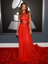 <b>Rihanna</b><br> <b>Grade: A</b><br> Rihanna made quite a statement in a custom-made red Alaia gown that despite its high neckline still had enough sheer paneling to let her flaunt her sexy side. The “Diamonds” singer said the showstopper was her first choice, explaining, “I like the A-line.”