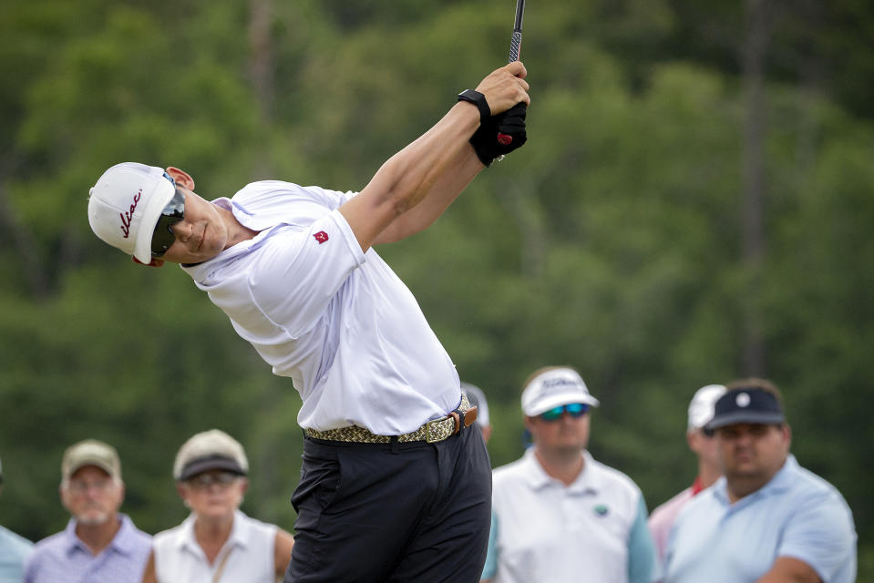 Tain Lee tees off on the first hole during the third round of the Palmetto Championship golf tournament in Ridgeland, S.C., Saturday, June 12, 2021. (AP Photo/Stephen B. Morton)