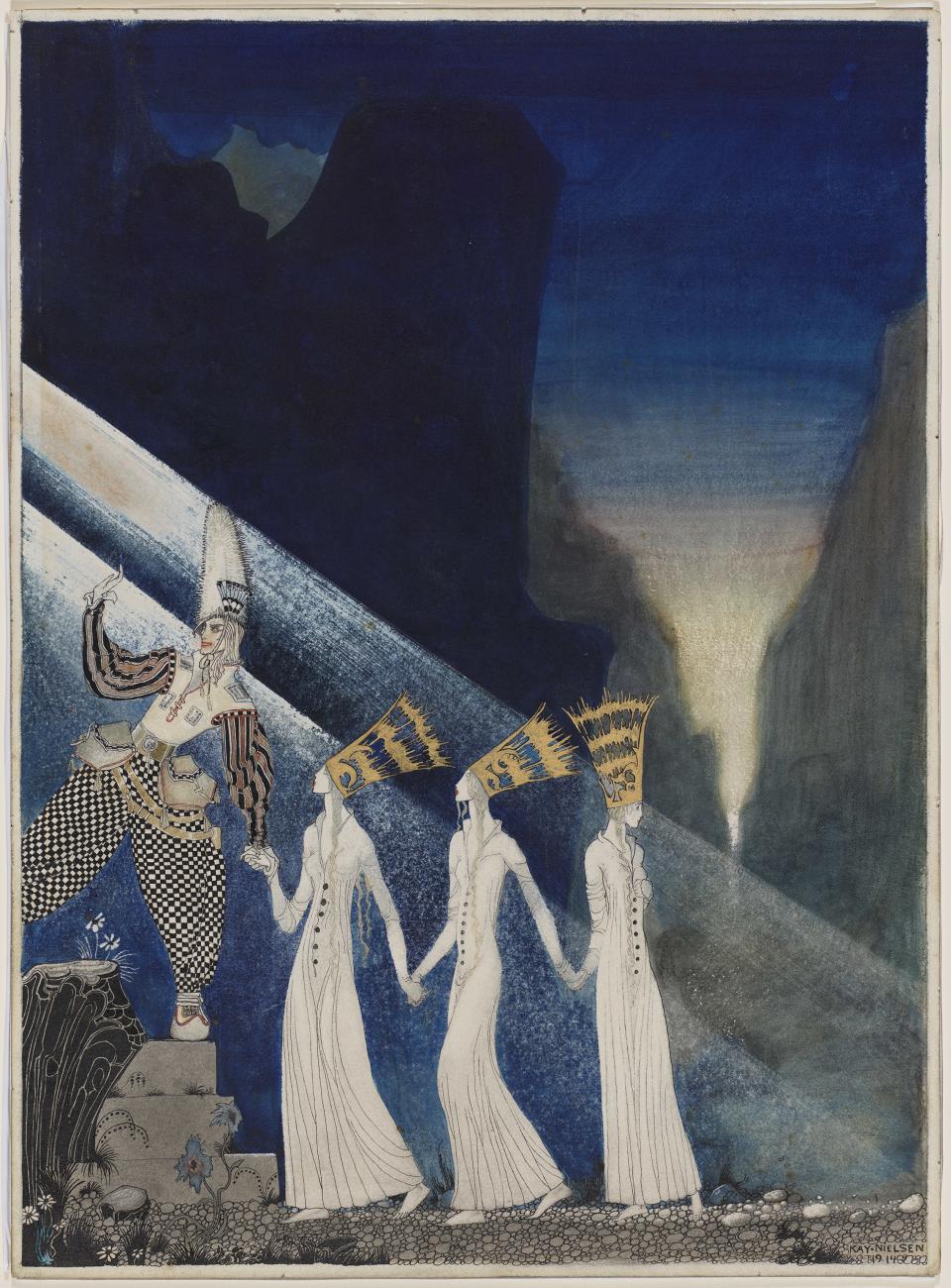 “As soon as they tugged at the rope, the Captain and the Lieutenant pulled up the Princesses, the one after the other.” Illustration from "The Three Princesses in the Blue Mountain," from East of the Sun and West of the Moon.
Kay Nielsen, 1914. Transparent and opaque watercolor, pen and brush and ink, metallic paint, over graphite.
Promised gift of Kendra and Allan Daniel.