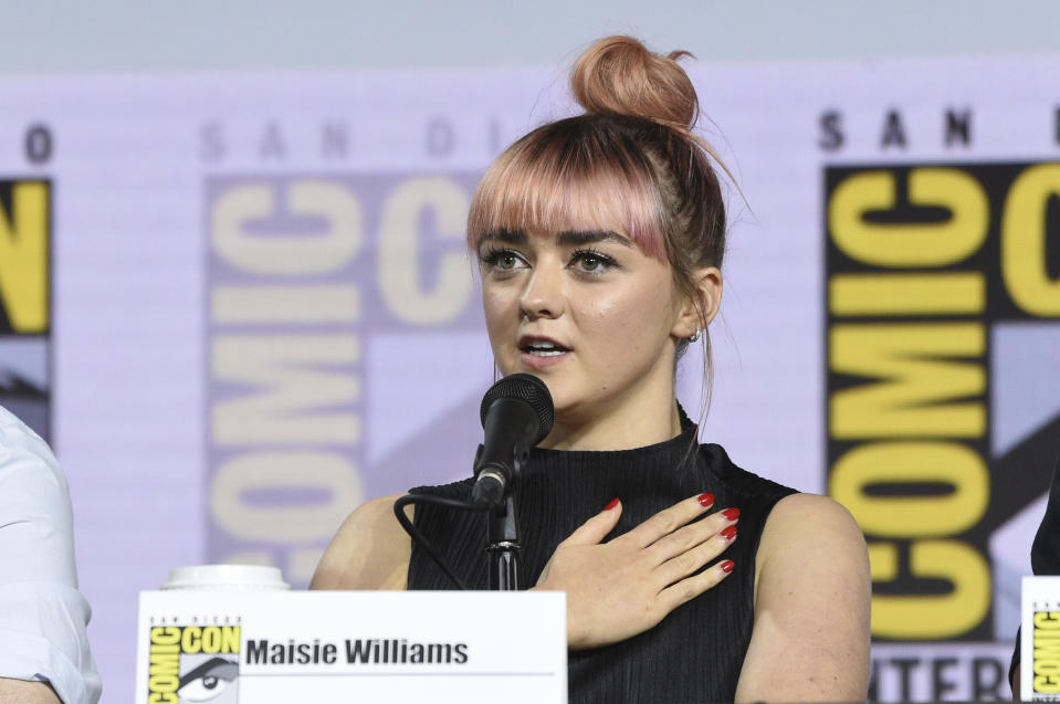 Maisie Williams speaks during the "Game of Thrones" panel on day two of Comic-Con International on Friday, July 19, 2019, in San Diego. (Photo by Chris Pizzello/Invision/AP)