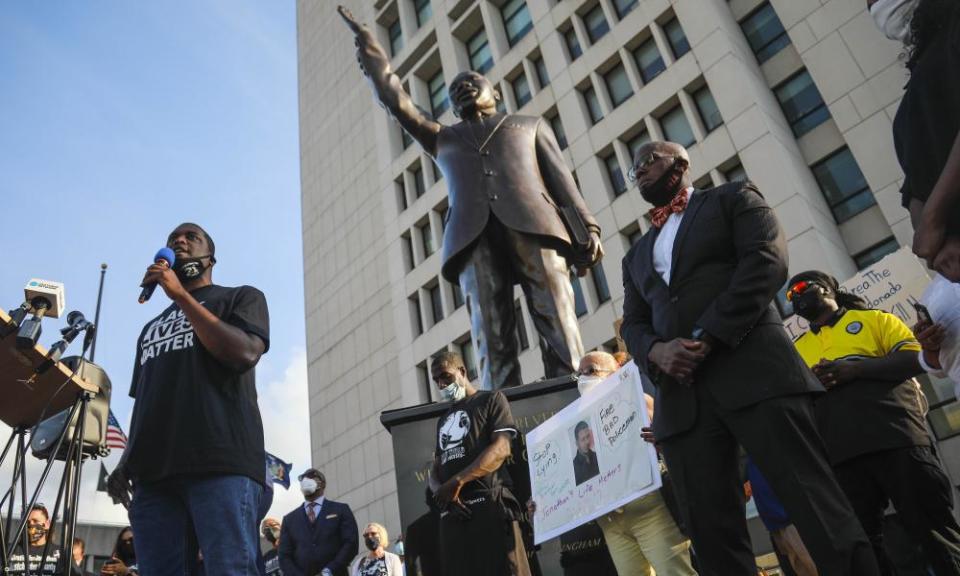 Mondaire Jones addresses a Black Lives Matter rally outside the Westchester county courthouse in White Plains, New York, 15 July 2020