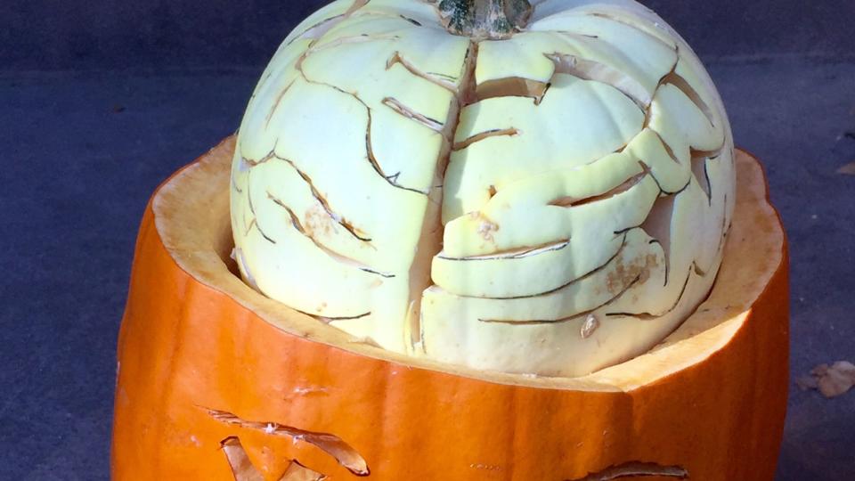 a halloween pumpkin with a brain