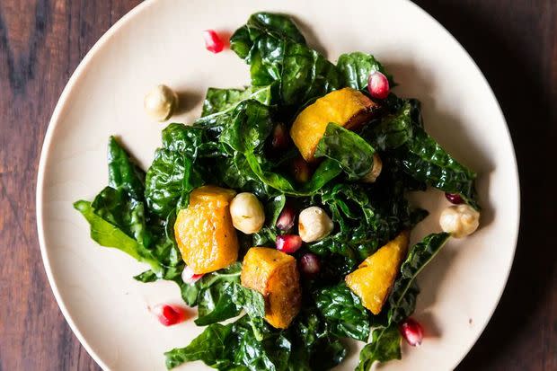 Hearty Kale Salad with Squash, Pomegranate, & Hazelnuts