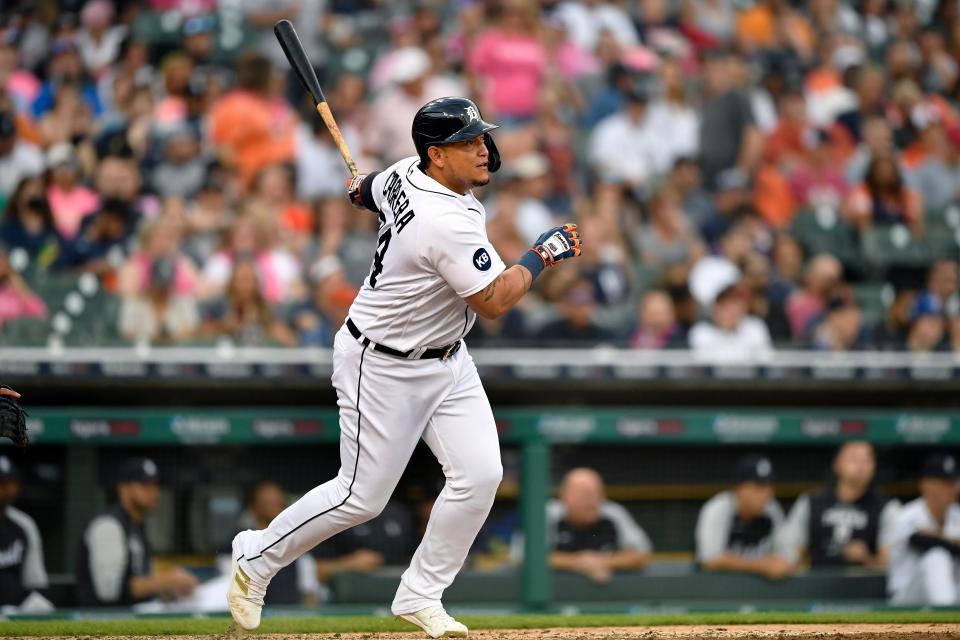 Tigers designated hitter Miguel Cabrera watches his double off Orioles pitcher Jordan Lyles during the third inning on Friday, May 13, 2022, at Comerica Park. Cabrera reached 602 career doubles, passing Barry Bonds for 17th all-time.