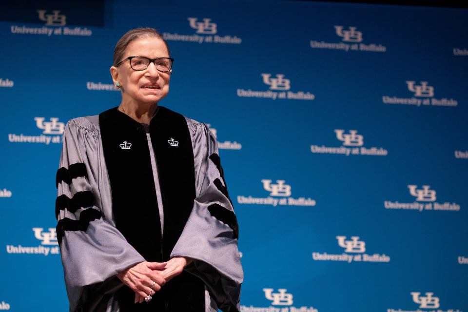 U.S. Supreme Court Justice Ruth Bader Ginsburg smiles  during a reception where she was presented with an honorary doctoral degree at the University of Buffalo School of Law in Buffalo, New York, U.S., August 26, 2019.  REUTERS/Lindsay DeDario