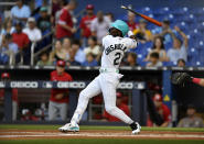 Miami Marlins' Jazz Chisholm Jr. (2) breaks his bat during the first inning of the team's baseball game against the Cincinnati Reds, Friday, May 12, 2023, in Miami. Chisholm grounded out on the at-bat. (AP Photo/Michael Laughlin)