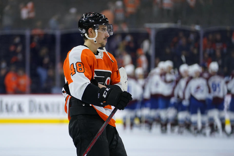 Philadelphia Flyers' Morgan Frost skates off the ice after an NHL hockey game against the Colorado Avalanche, Monday, Dec. 6, 2021, in Philadelphia. (AP Photo/Matt Slocum)